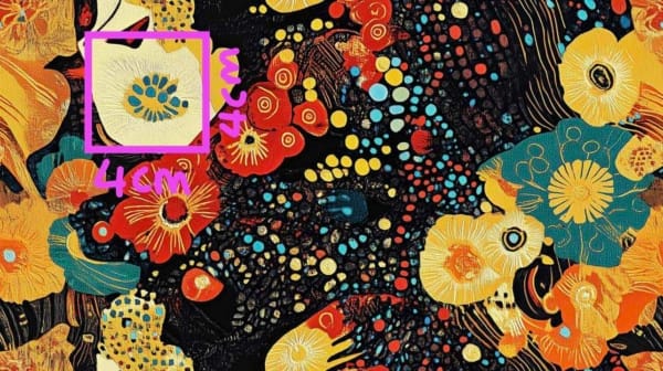 An art design inspired by Gustav Klimt, with floral details and dots of red orange yellow and blue. This design is on a dark background, a beautiful jersey stretch fabric for sewing clothes.