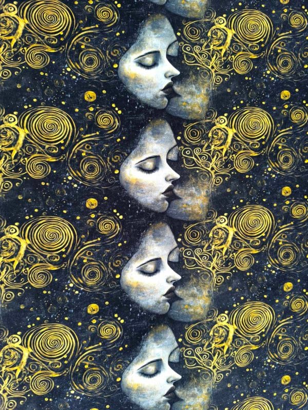 Art inspired klimt image featuring a kissing scene with gold swirls on a deep background this fabric is on beautiful quality stretch jersey fabric, perfect for sewing your own clothes.