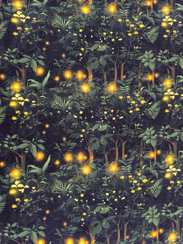 Firefly forest featuring green trees on a black background with flashes of warm orange lights on beautiful quality stretch jersey fabric, perfect for sewing your own clothes.