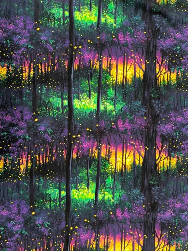 vibrant sunset colours in a deep dark woodland, flashes of yellow pink purple and blue on beautiful quality stretch jersey fabric, perfect for sewing your own clothes.