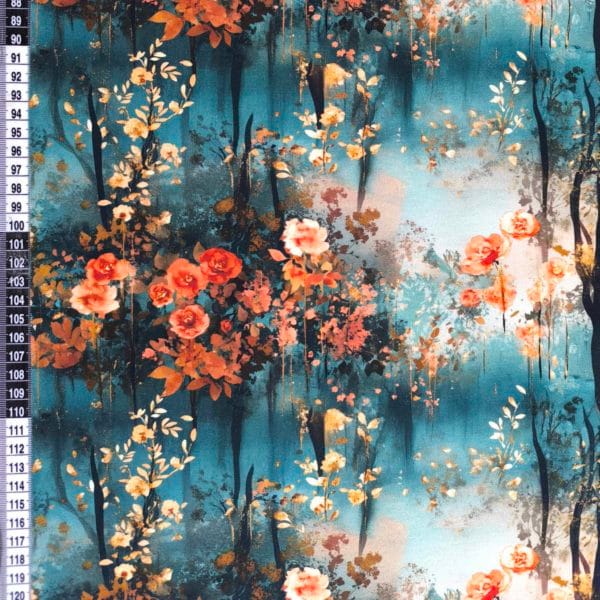 Beautiful floral design with orange and gold flowers, with blue and white clouds merging in the bakcground on beautiful quality stretch jersey fabric, perfect for sewing your own clothes.