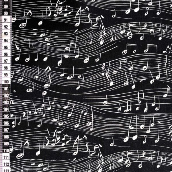 monochrome black and white musical notes dancing across a black background on beautiful quality stretch jersey fabric, perfect for sewing your own clothes.