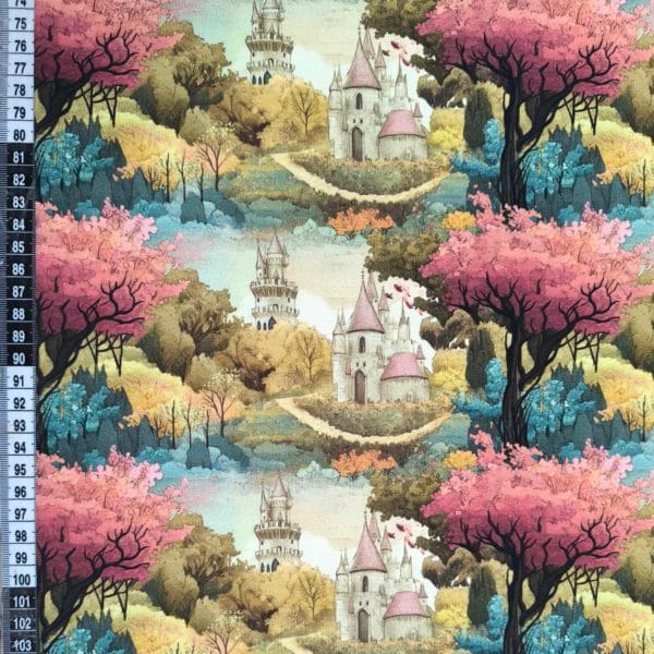 Vintage fairytale castles with pink blue and yellow trees on beautiful quality stretch jersey fabric, perfect for sewing your own clothes.