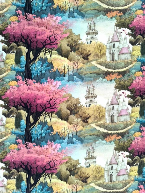 Vintage fairytale castles with pink blue and yellow trees on beautiful quality stretch jersey fabric, perfect for sewing your own clothes.