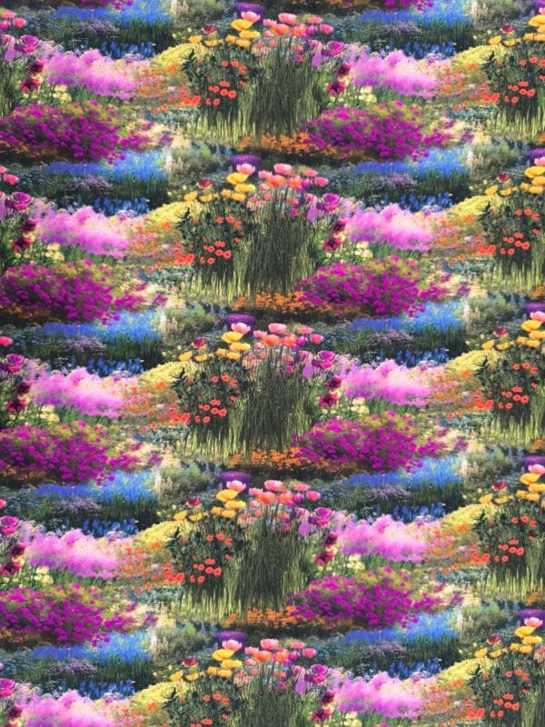 Art inspired monet painting design of floral ponds on beautiful quality stretch jersey fabric, perfect for sewing your own clothes.