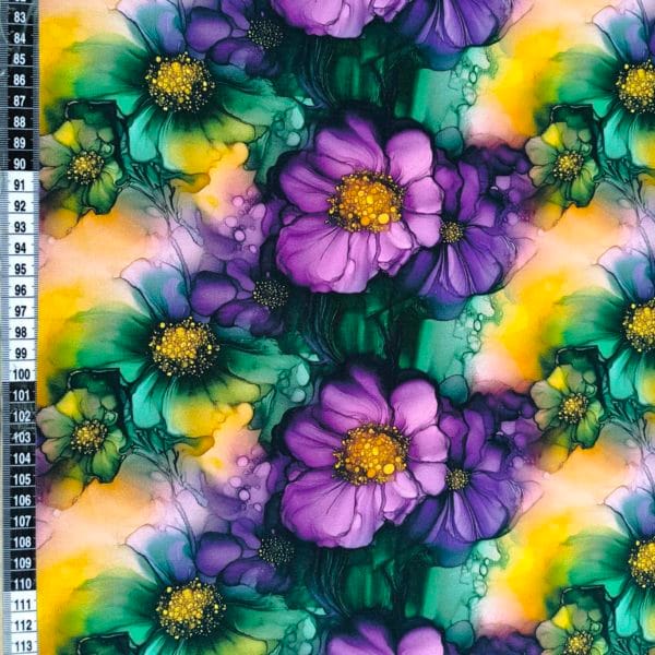 floral alcohol ink style design with purple and green flowers with flashes of yellow on beautiful quality stretch jersey fabric, perfect for sewing your own clothes.