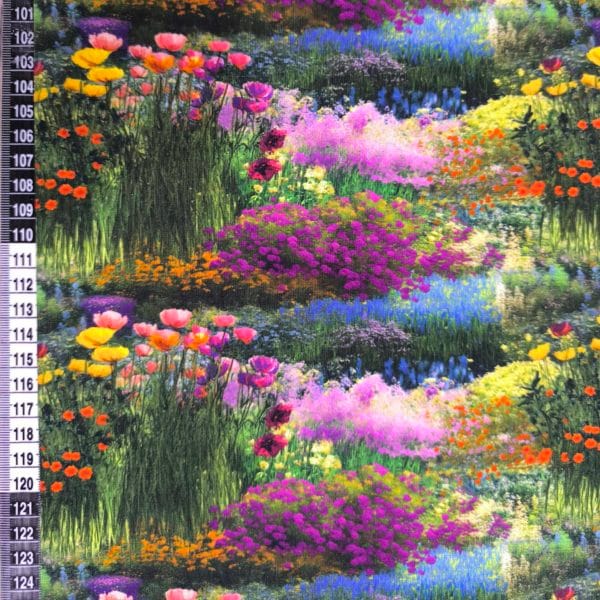 Art inspired monet painting design of floral ponds on beautiful quality stretch jersey fabric, perfect for sewing your own clothes.