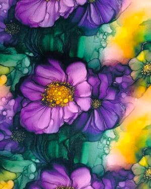 Purple & Green Ink Flowers Jersey Fabric £16.50pm