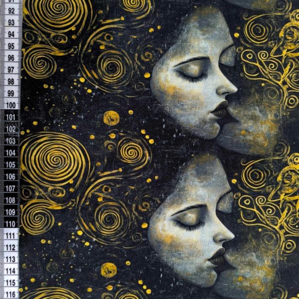 Art inspired klimt image featuring a kissing scene with gold swirls on a deep background this fabric is on beautiful quality stretch jersey fabric, perfect for sewing your own clothes.