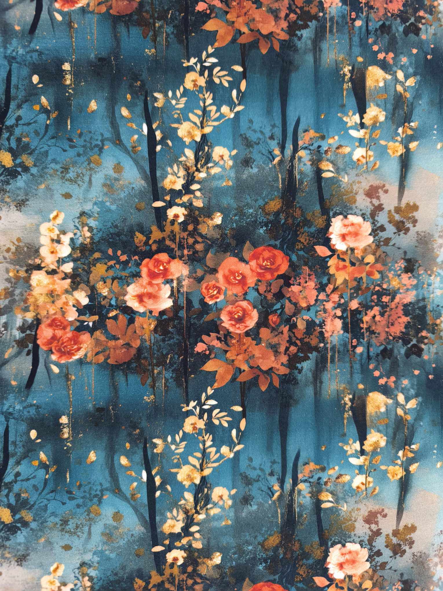 Beautiful floral design with orange and gold flowers, with blue and white clouds merging in the bakcground on beautiful quality stretch jersey fabric, perfect for sewing your own clothes.