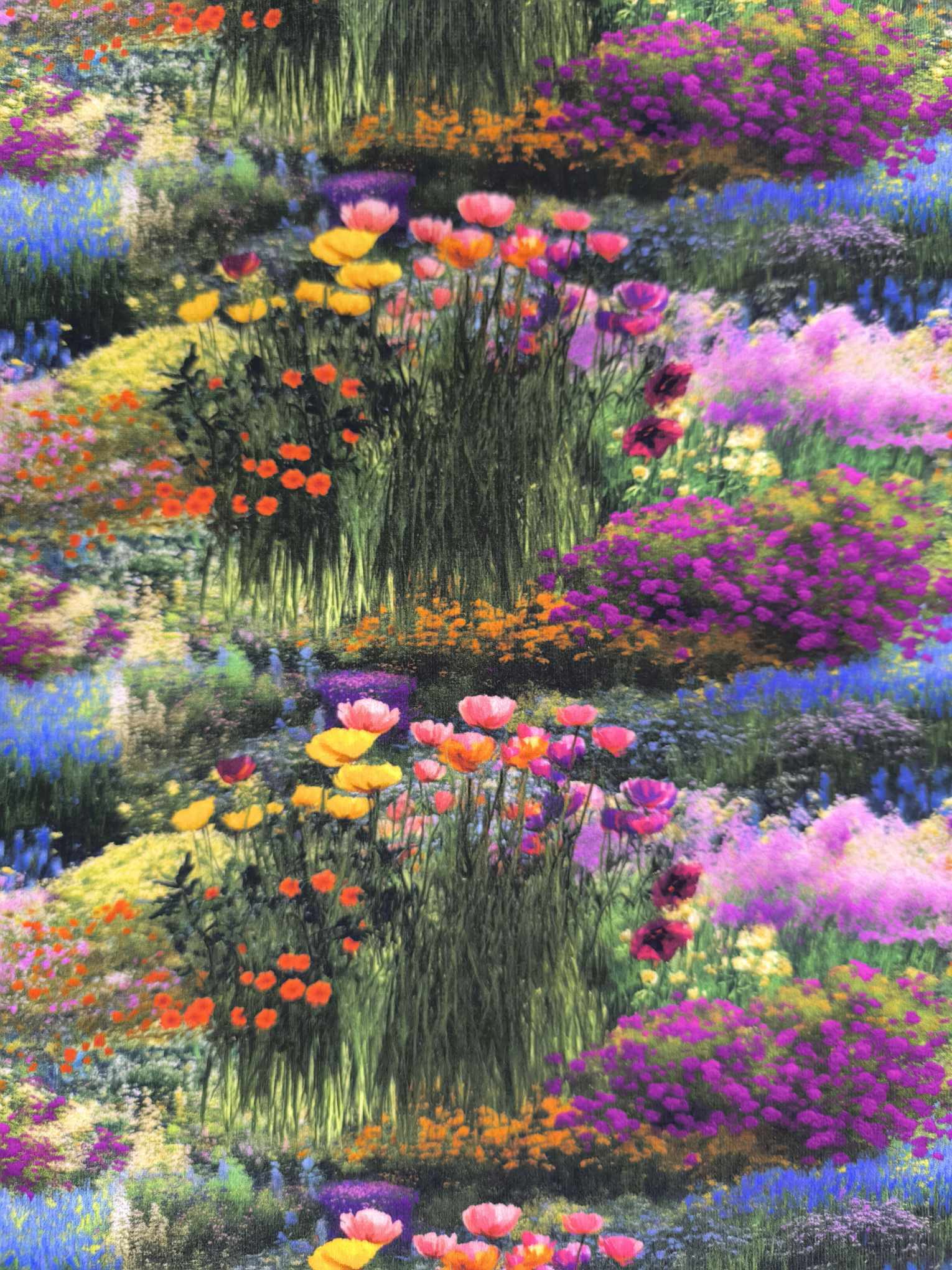 Art inspired monet painting design of floral ponds on beautiful quality stretch jersey fabric, perfect for sewing your own clothes.