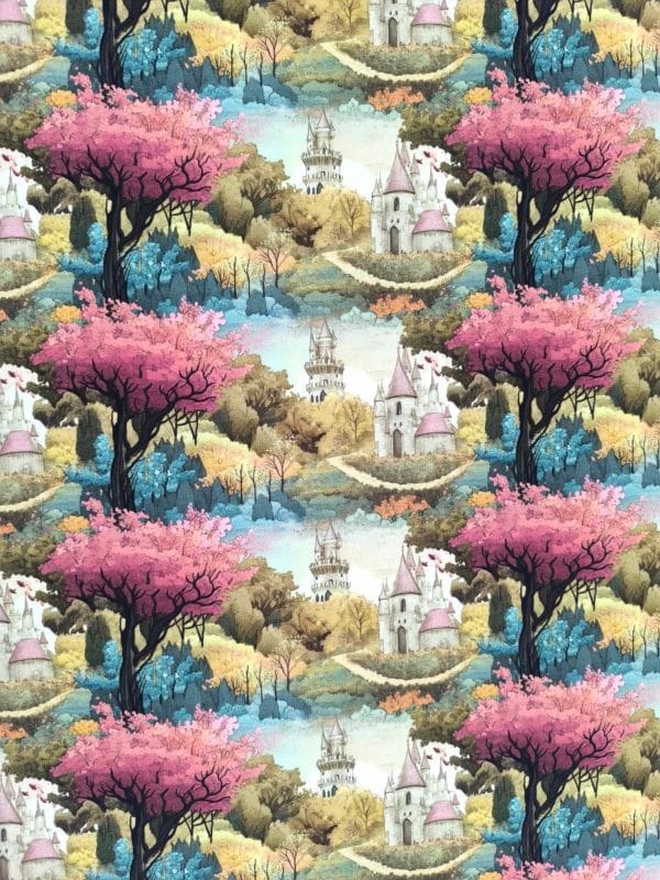 Vintage fairytale castles with pink blue and yellow trees on beautiful quality stretch jersey fabric, perfect for sewing your own clothes.