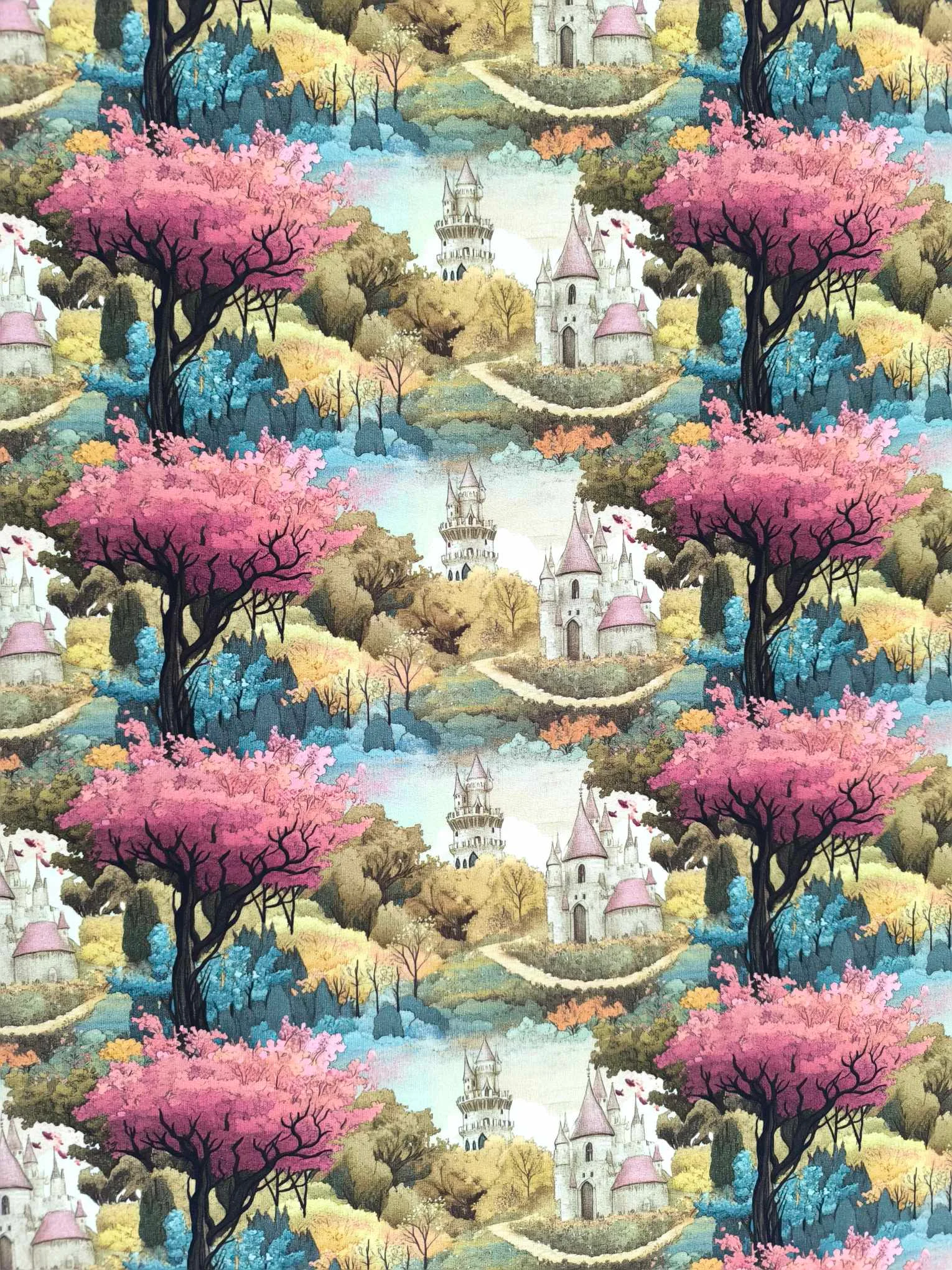 Vintage Fairytale French Terry Fabric £18pm 6 Vintage fairytale castles with pink blue and yellow trees on beautiful quality stretch jersey fabric, perfect for sewing your own clothes.