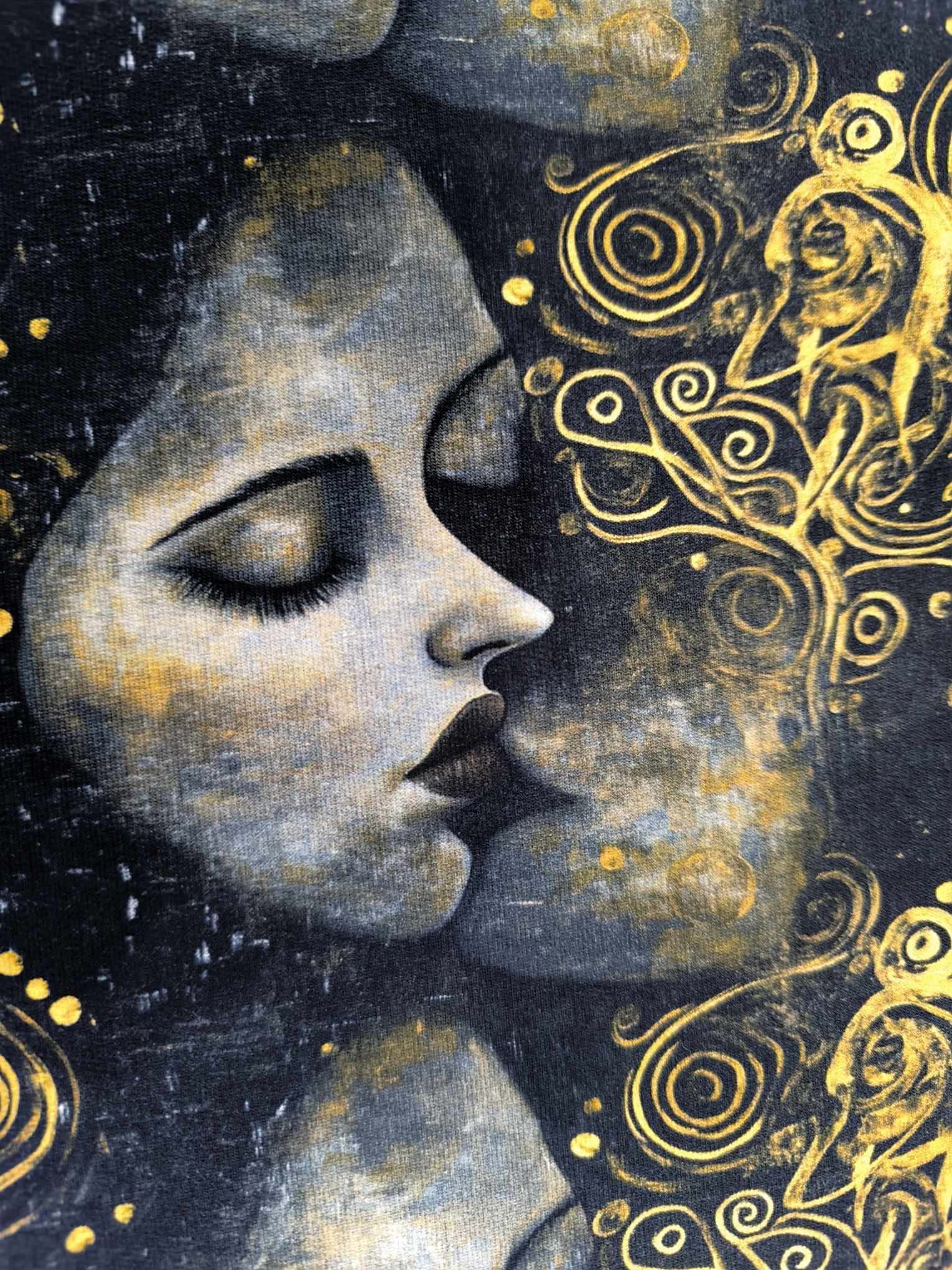 Art inspired klimt image featuring a kissing scene with gold swirls on a deep background this fabric is on beautiful quality stretch jersey fabric, perfect for sewing your own clothes.