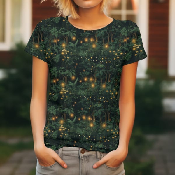 A woodland scene with green trees and leaves. Featuring fireflies glowing across this elegant design. This design is on a deep green, atmospheric background, a beautiful jersey stretch fabric for sewing clothes.