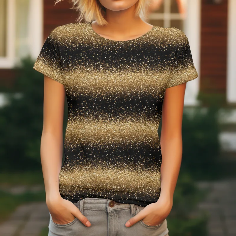 Gold & Black Glitter Jersey Fabric £16.50pm 7 A gold glitter effect design, with black and gold gradients. It looks like glitter, but it is printed on - so it is super soft. This design is on a black background, a beautiful jersey stretch fabric for sewing clothes.