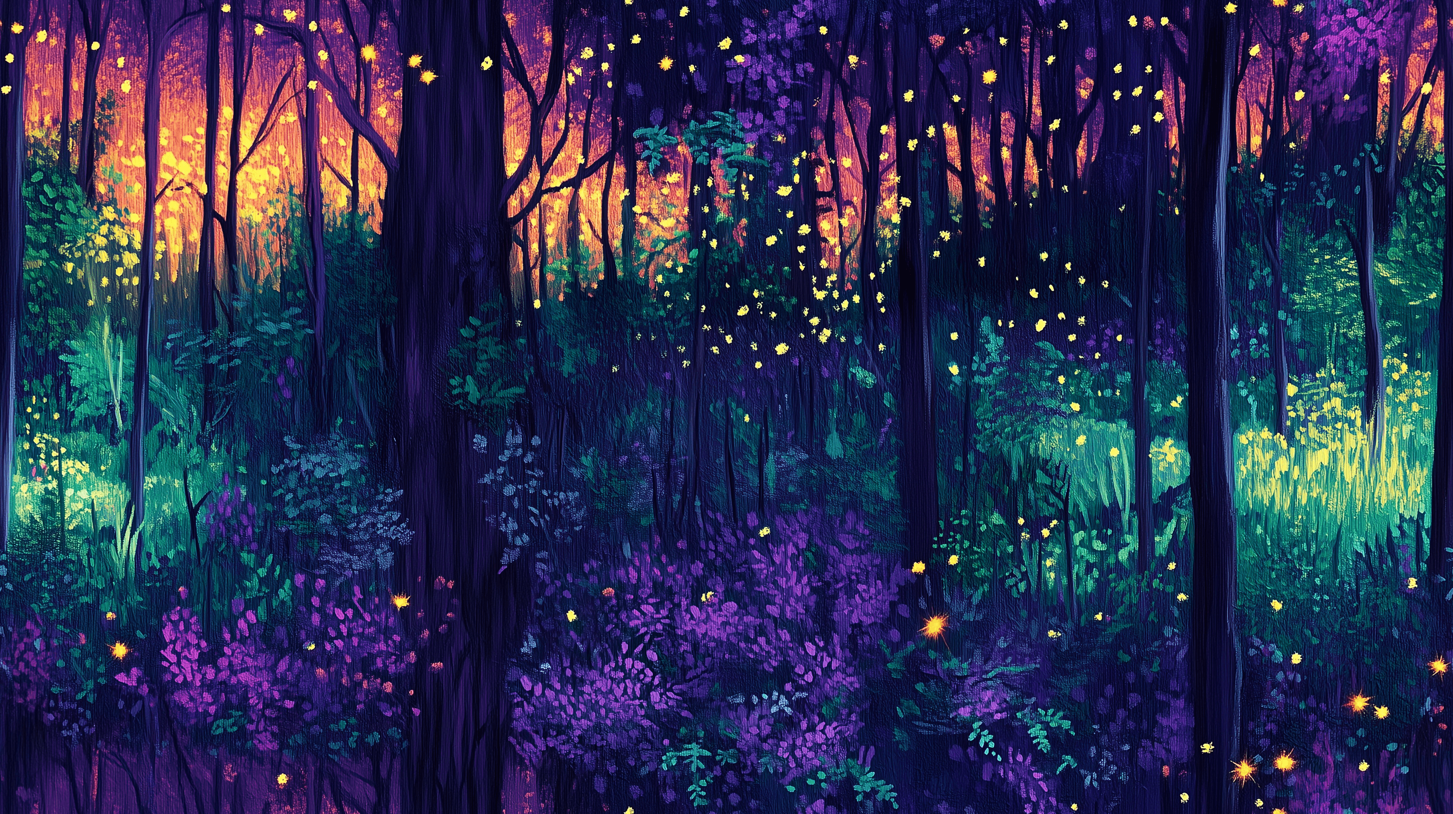 Sunset Firefly Forest Squish Fabric £17pm 7 A woodland scene with sunset colours in the background blending beautifully across this elegant design. This design is on a deep blue, atmospheric background, a beautiful jersey stretch fabric for sewing clothes.