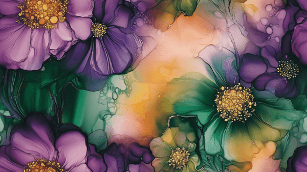 Purple and green ink watercolour flowers, the colours blend beautifully in this elegant design. This design is on a deep coloured background, a beautiful jersey stretch fabric for sewing clothes.