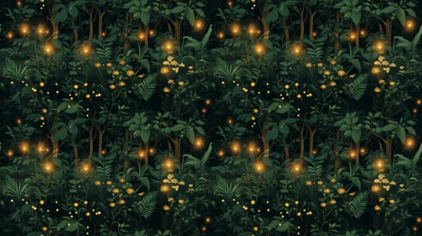 A woodland scene with green trees and leaves. Featuring fireflies glowing across this elegant design. This design is on a deep green, atmospheric background, a beautiful jersey stretch fabric for sewing clothes.