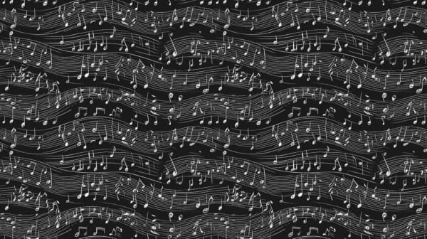 abstract Musical notes play beautifully across this elegant design. This design is on a deep coloured background, a beautiful jersey stretch fabric for sewing clothes.