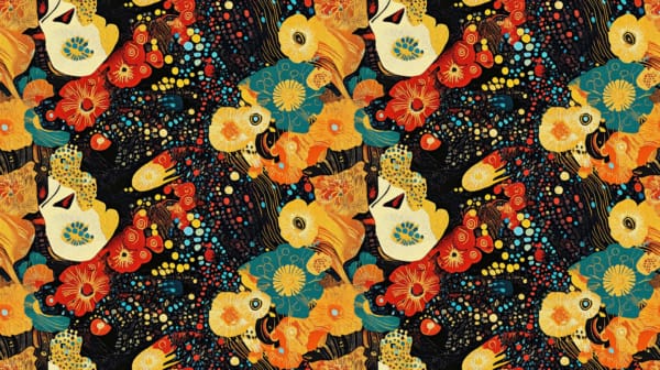 An art design inspired by Gustav Klimt, with floral details and dots of red orange yellow and blue. This design is on a dark background, a beautiful jersey stretch fabric for sewing clothes.