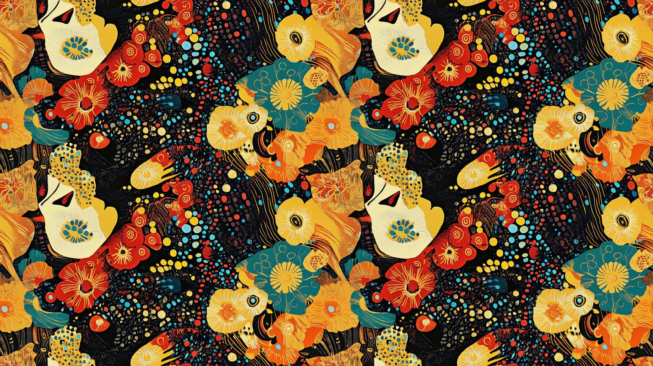 An art design inspired by Gustav Klimt, with floral details and dots of red orange yellow and blue. This design is on a dark background, a beautiful jersey stretch fabric for sewing clothes.