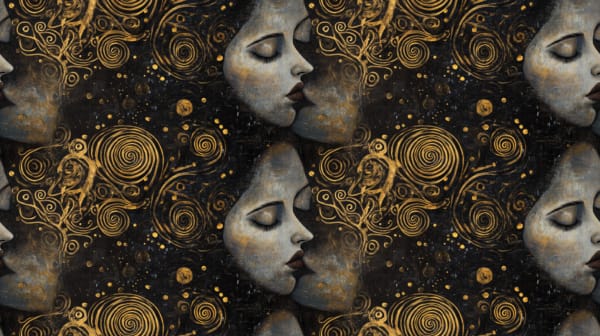 An art design inspired by Gustav Klimt, the kiss portrait, featuring two faces kissing, with gold swirl details. This design is on a dark background, a beautiful jersey stretch fabric for sewing clothes.