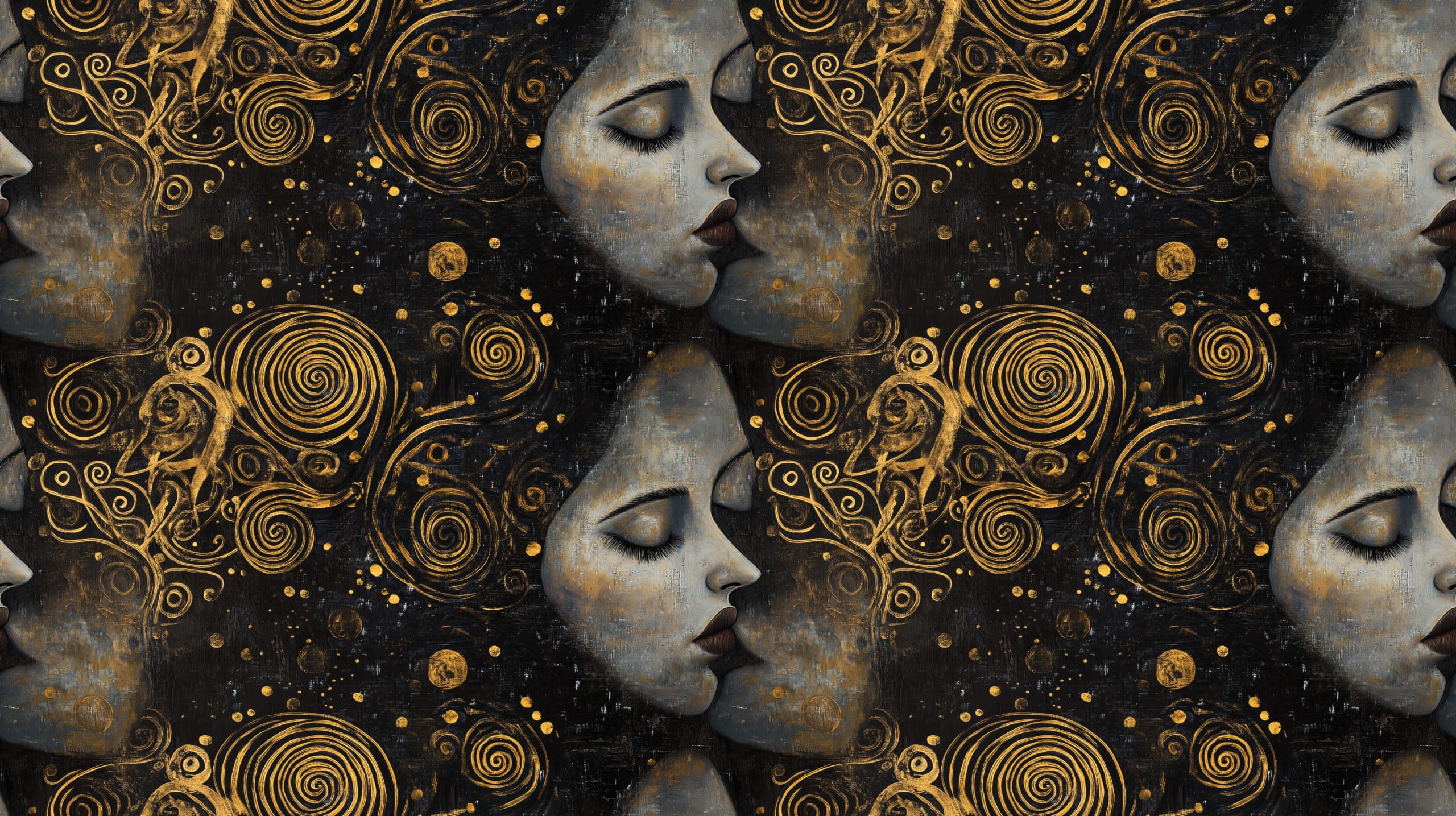 An art design inspired by Gustav Klimt, the kiss portrait, featuring two faces kissing, with gold swirl details. This design is on a dark background, a beautiful jersey stretch fabric for sewing clothes.