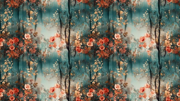 A floral woodland scene orange, pink and green hues and gold speckles blending beautifully across this elegant design. This design is on a light, atmospheric background, a beautiful jersey stretch fabric for sewing clothes.