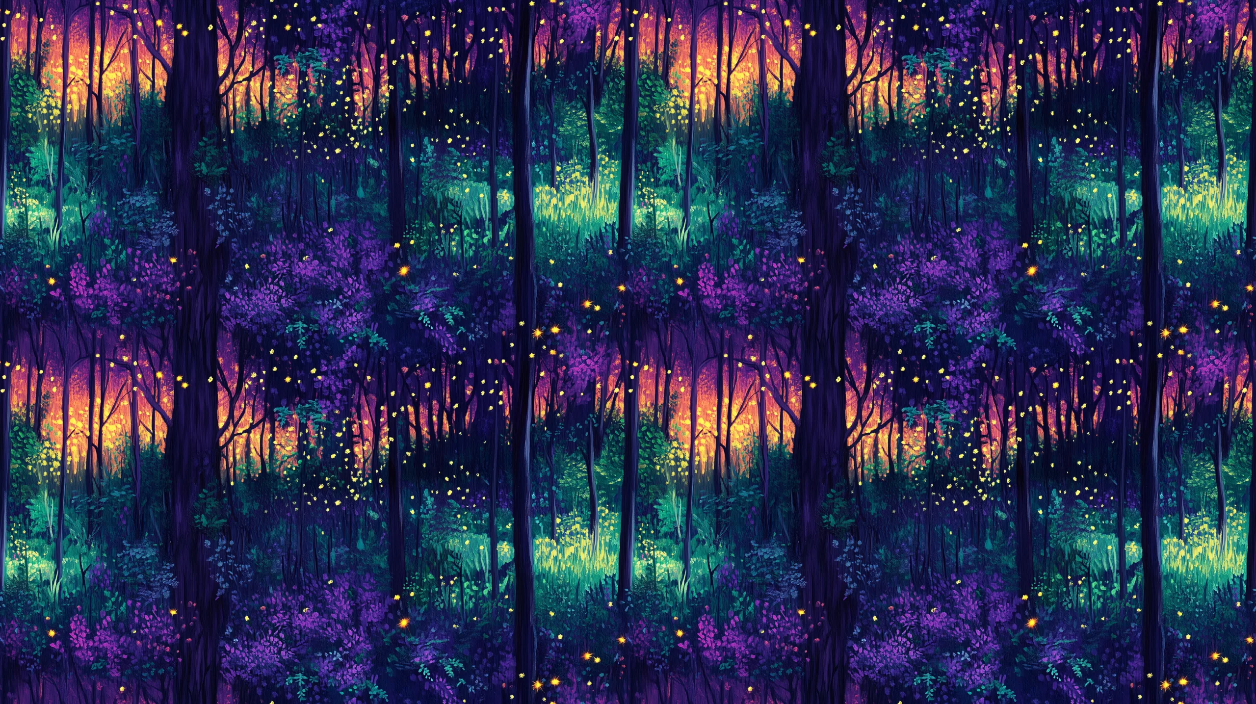 A woodland scene with sunset colours in the background blending beautifully across this elegant design. This design is on a deep blue, atmospheric background, a beautiful jersey stretch fabric for sewing clothes.