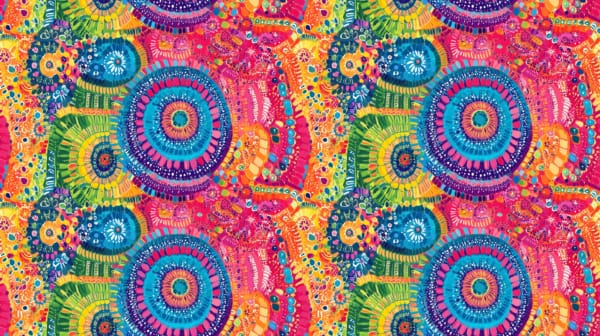 Rainbow Mandala abstract design on a colourful background, a beautiful jersey stretch fabric for sewing clothes.