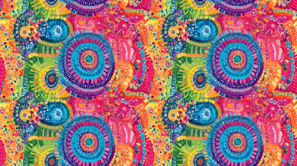 Rainbow Mandala abstract design on a colourful background, a beautiful jersey stretch fabric for sewing clothes.