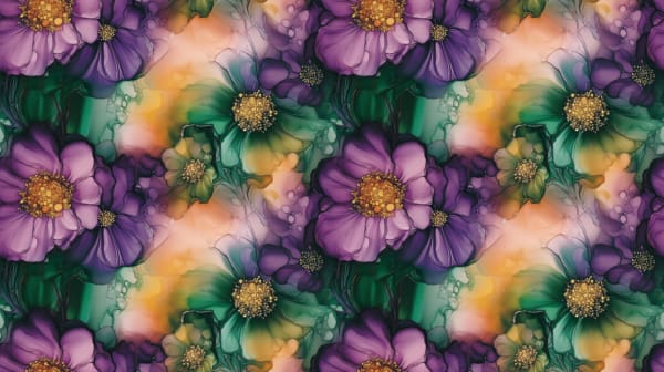 Purple and green ink watercolour flowers, the colours blend beautifully in this elegant design. This design is on a deep coloured background, a beautiful jersey stretch fabric for sewing clothes.