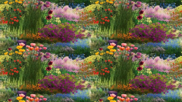 A claude monet Art inspired oil painting of spring flowers landscape. This design is on a light background, a beautiful jersey stretch fabric for sewing clothes.