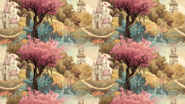 A vintage fairytale landscape with pink trees, a castle and clouds. This design is on a light background, a beautiful jersey stretch fabric for sewing clothes.