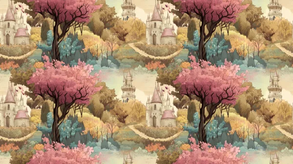 A vintage fairytale landscape with pink trees, a castle and clouds. This design is on a light background, a beautiful jersey stretch fabric for sewing clothes.