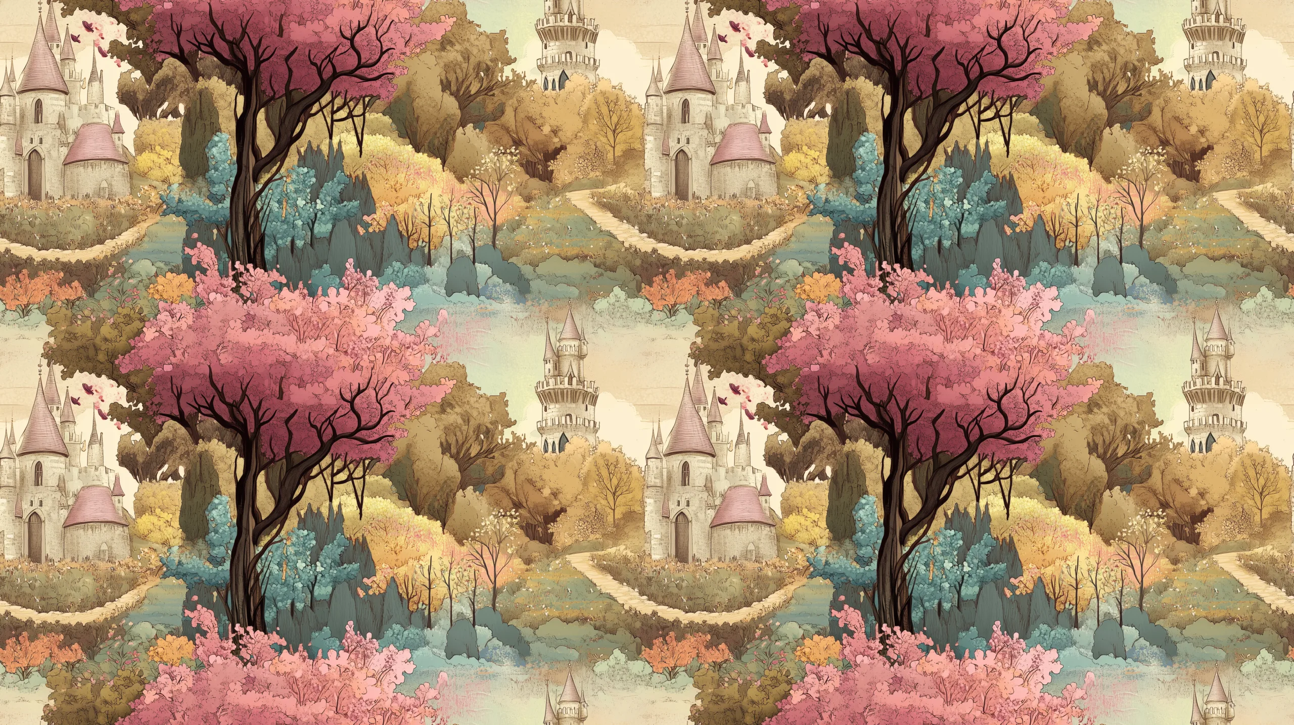 A vintage fairytale landscape with pink trees, a castle and clouds. This design is on a light background, a beautiful jersey stretch fabric for sewing clothes.