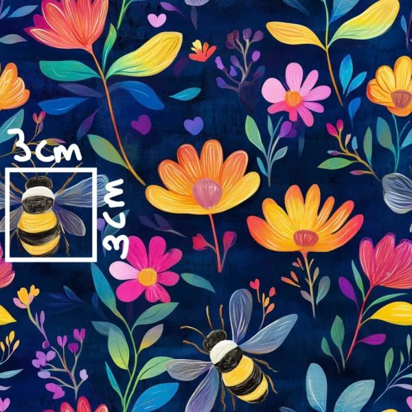 Cute bumble bees flying around pretty orange and yellow flowers on a deep blue background. Beautiful, high quality, stretch fabric for sewing your own clothes.