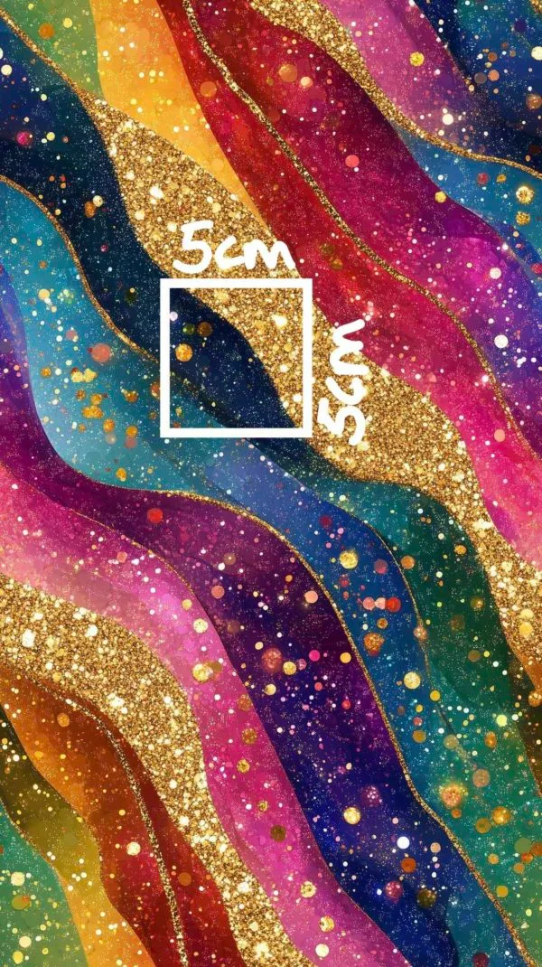 Stunning rainbow colours in diagonal waves, with gold linework and glitter effect all over. Beautiful, high quality, stretch fabric for sewing your own clothes.