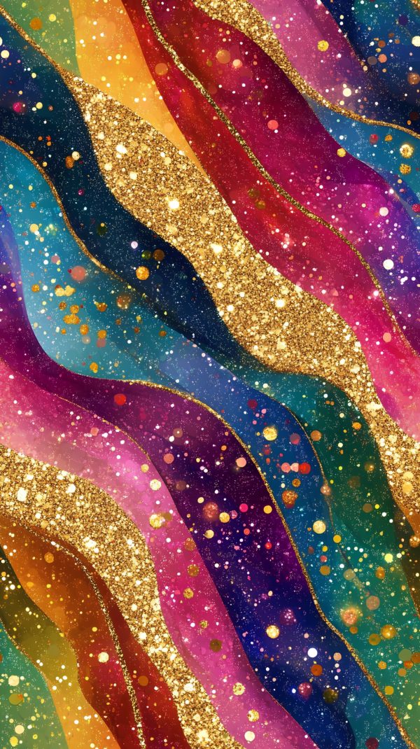 Stunning rainbow colours in diagonal waves, with gold linework and glitter effect all over. Beautiful, high quality, stretch fabric for sewing your own clothes.