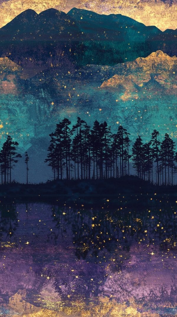 A Purple, teal and gold image with silouettes of a forest running through the middle of the design. Beautiful, high quality, stretch fabric for sewing your own clothes.