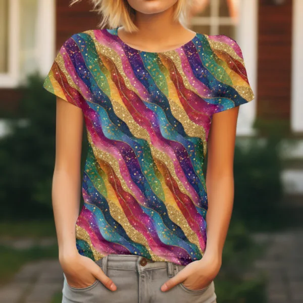 Stunning rainbow colours in diagonal waves, with gold linework and glitter effect all over. Beautiful, high quality, stretch fabric for sewing your own clothes.