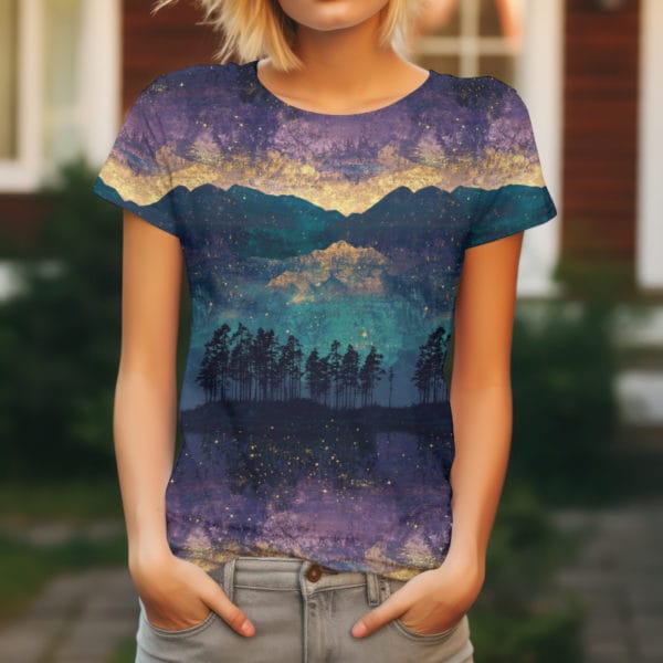 A Purple, teal and gold image with silouettes of a forest running through the middle of the design. Beautiful, high quality, stretch fabric for sewing your own clothes.