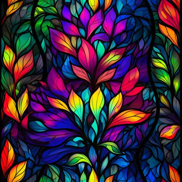 Intricate stained glass flower design with rainbow colours and a deep blue vein running through the design, around the foliage. Beautiful, high quality, stretch fabric for sewing your own clothes.