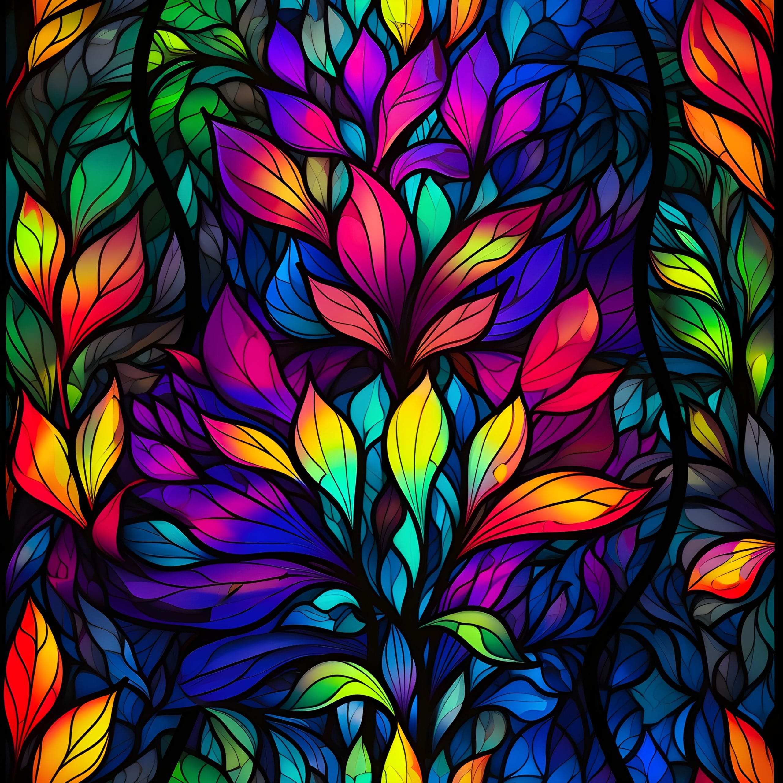 Intricate stained glass flower design with rainbow colours and a deep blue vein running through the design, around the foliage. Beautiful, high quality, stretch fabric for sewing your own clothes.