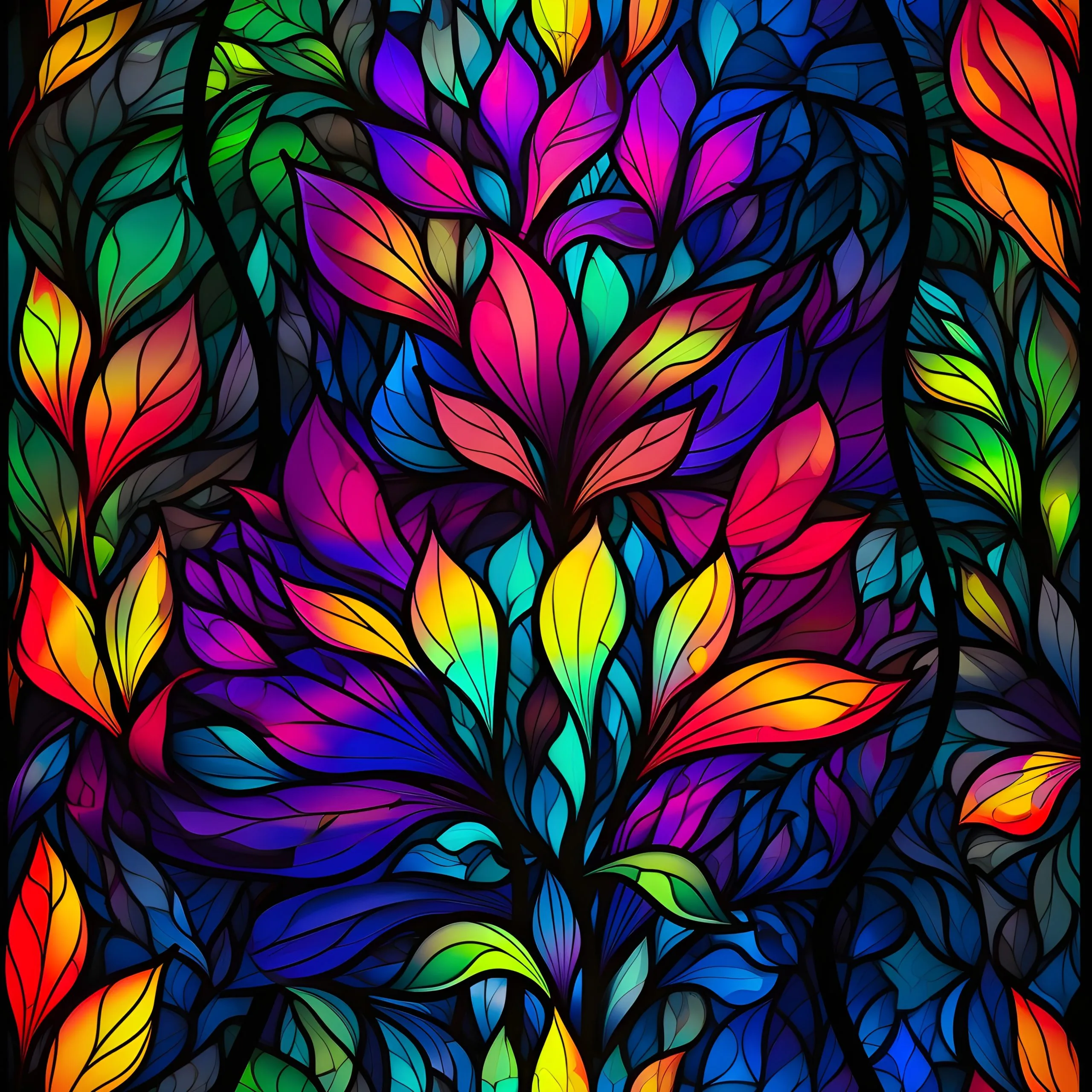 Intricate stained glass flower design with rainbow colours and a deep blue vein running through the design, around the foliage. Beautiful, high quality, stretch fabric for sewing your own clothes.