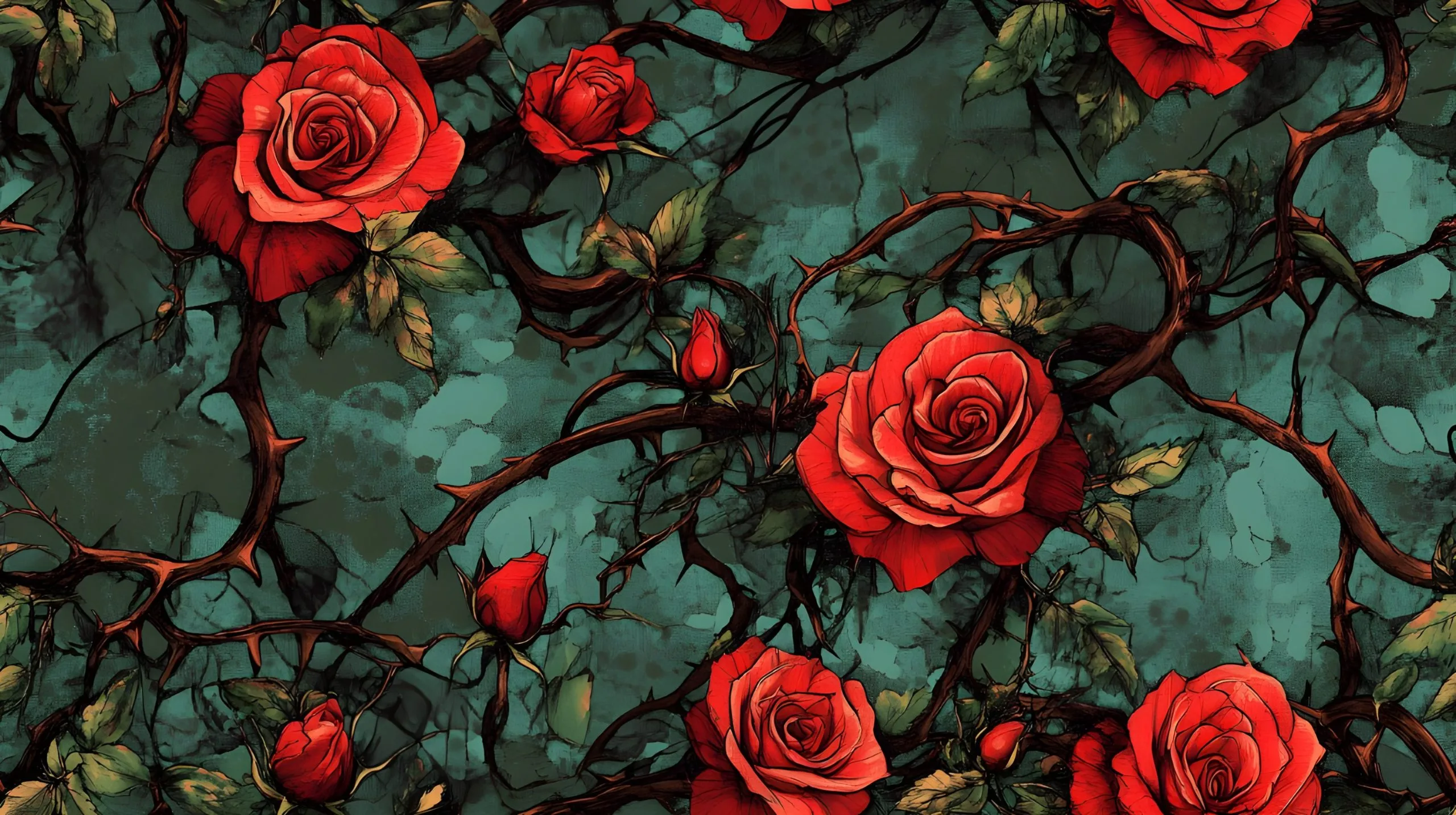 Elegant deep teal background with red roses and thorns running through the design. Beautiful, high quality, stretch fabric for sewing your own clothes.
