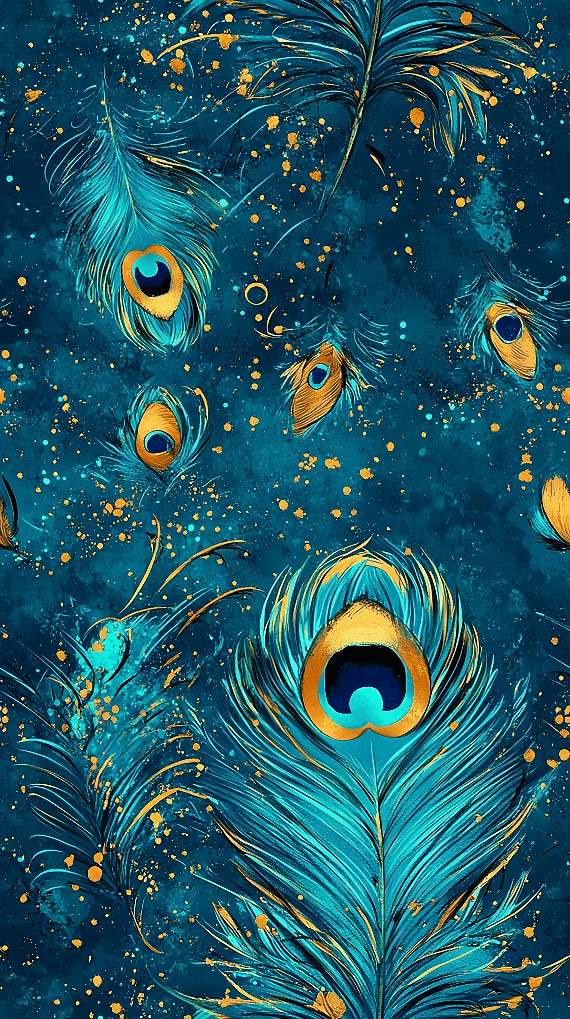 Peacock feather design, with deep blues and gold accents. Beautiful, high quality, stretch fabric for sewing your own clothes.