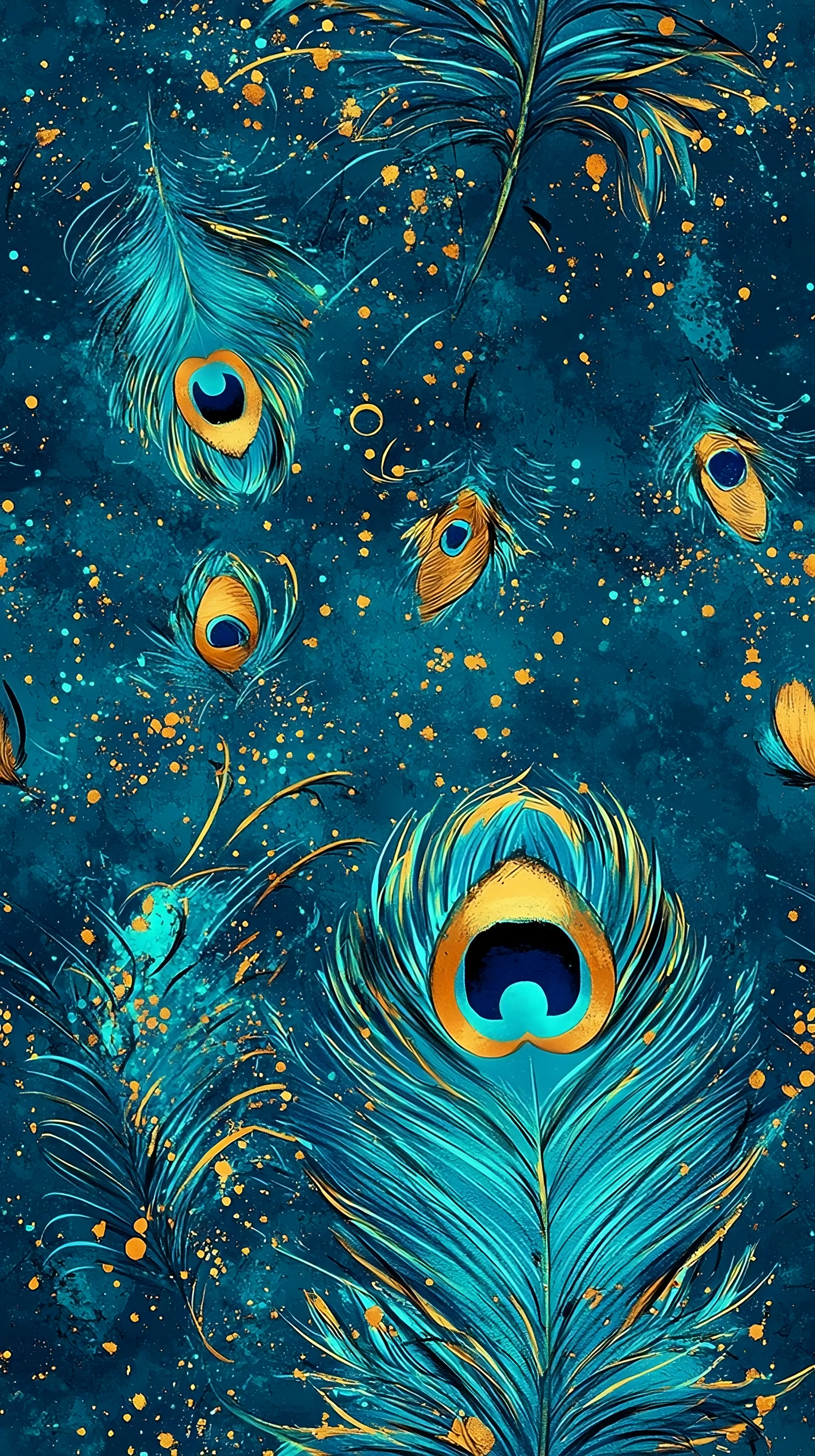 Peacock feather design, with deep blues and gold accents. Beautiful, high quality, stretch fabric for sewing your own clothes.