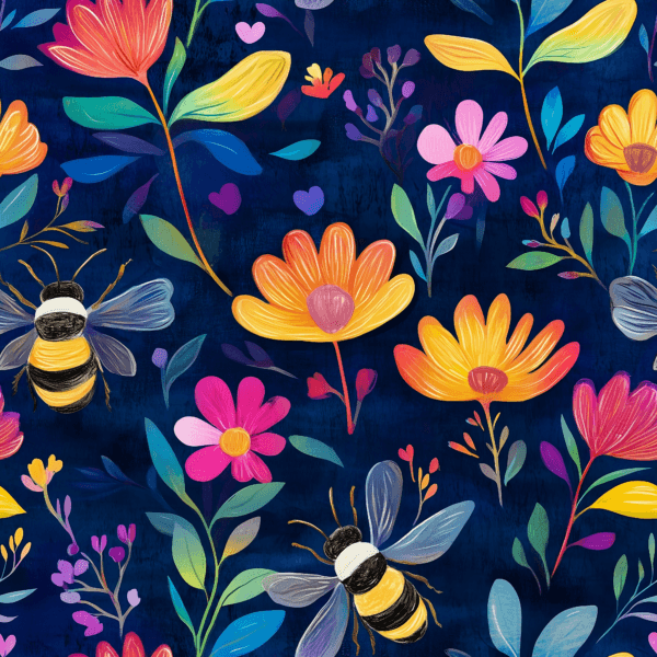 Cute bumble bees flying around pretty orange and yellow flowers on a deep blue background. Beautiful, high quality, stretch fabric for sewing your own clothes.